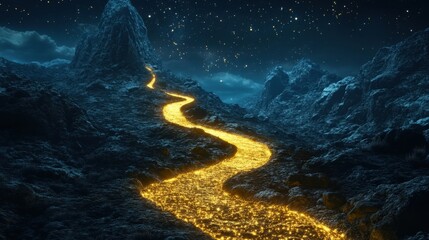 Obraz premium A glowing golden path winding up a majestic mountain under a starry sky, symbolizing the journey to success.