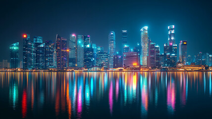 Fototapeta premium digital and modern building with neon light effects background, modern stylist digital light building with shiny neon light effect, abstract ultra modern light effect of cityscape with buildings.