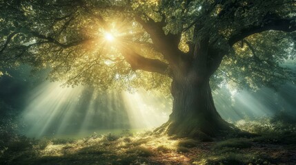 Obraz premium Rays of light breaking through the branches of a tree, creating a sunlit spot on the ground