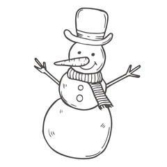 Hand drawn illustration with black lines, isolated on white background. Snowman Sketches. Stock Vector. Doodle snowman. Decorative element for Christmas