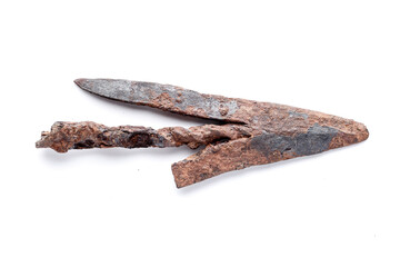 antique spear head,rusty arrowheads,Viking Artifacts, Viking Age.isolated on white background