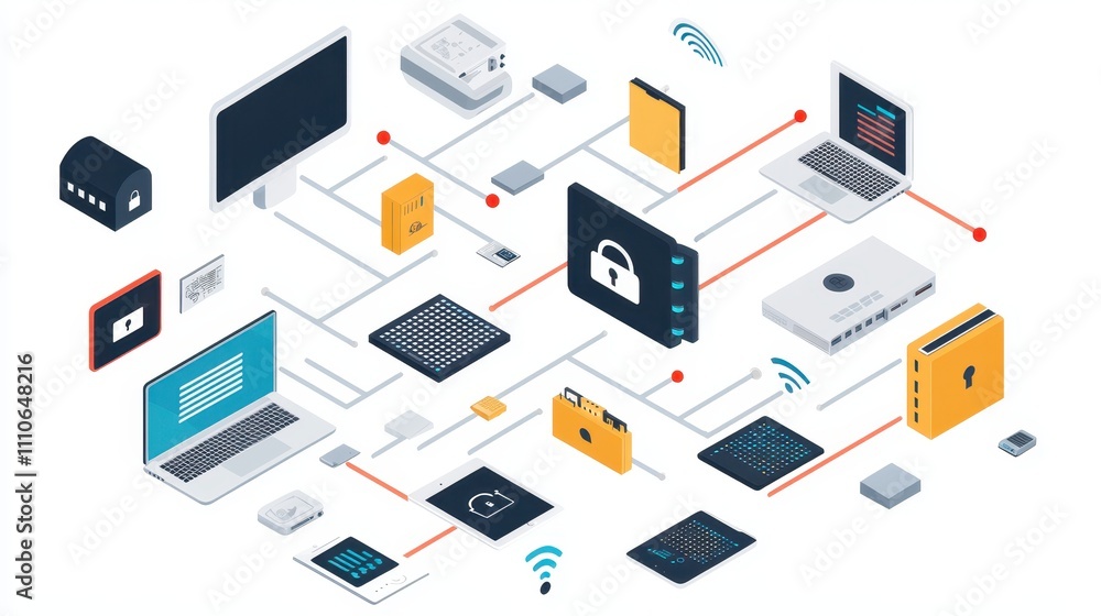 Poster detailed representation of a secure network infrastructure with modern digital components