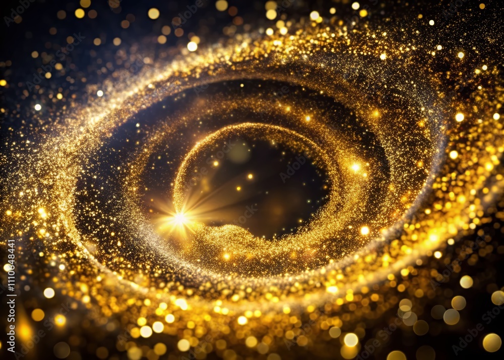 Poster captivating macro photography of gold glitter particle swirl effect on black background, creating a 