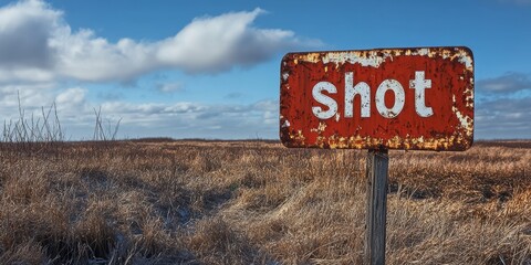 A weathered red sign reading "SHOT" stands prominently in an expansive, rustic field under a clear blue sky with scattered white clouds above.
