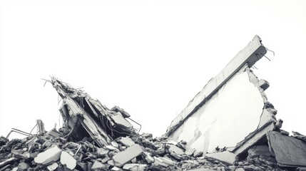 A side perspective of broken building debris, sharp contrast of destruction on a white background.