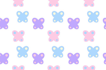 Seamless pattern with colorful pastel butterflies in pink, blue, and purple on a white background.