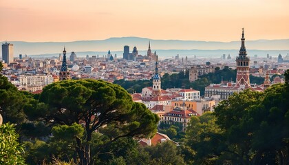 Barcelona city skyline, view from famous Park Güell, Spain travel photo. Guell Park is one of the most popular attractions in Barcelona city.