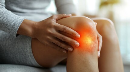Close-up of a woman experiencing knee pain with glowing red area, ideal for health campaigns, medical illustrations, or physiotherapy promotions.