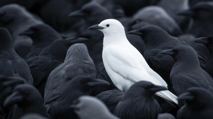 A singular white bird perched between gray ones, showcasing uniqueness in a monochrome crowd.