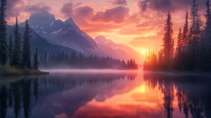A stunning sunset over a serene lake, with reflections of mountains and trees in the water