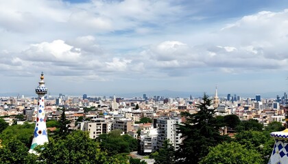Barcelona city skyline, view from famous Park Güell, Spain travel photo. Guell Park is one of the most popular attractions in Barcelona city.