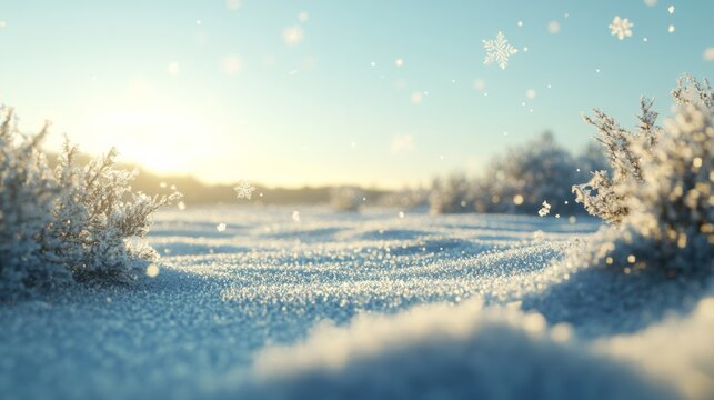 A gentle snowfall on a rural icy terrain, with clear skies and a calm atmosphere, making the snowflakes appear like particles in mid-air