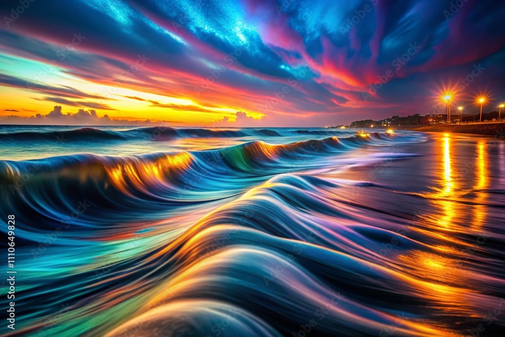 Poster captivating night photography of abstract waves of color flowing through the darkness, creating a dr