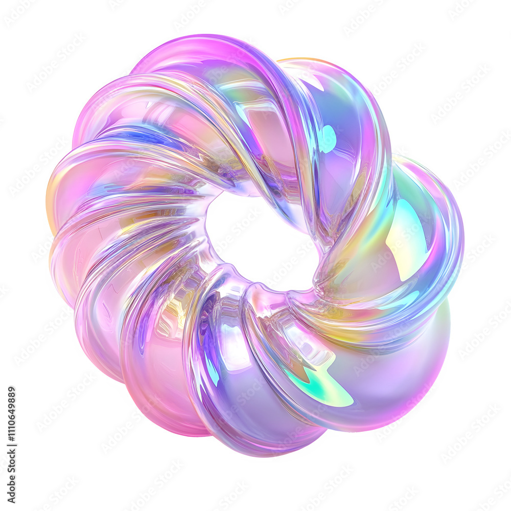 Poster iridescent holographic torus in abstract rotation against transparent backdrop, ideal for tech, futu