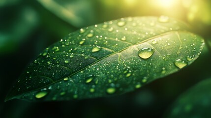 Green Leaf Glistens With Morning Dew Drops