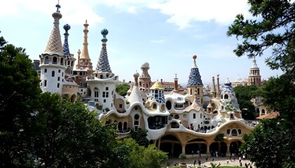 Gaudis sculptural buildings in Park Güell in Barcelona, Spain