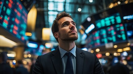 Fototapeta premium Businessman Contemplates Stock Market Data Displays