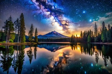Fototapeta premium Captivating Night Photography of Shasta-Trinity National Forest with Starry Skies, Majestic Mountains, and Serene Reflections in Tranquil Lakes