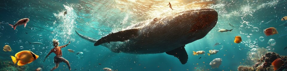 Massive whale descending into the dark depths of the ocean, surrounded by swirling schools of fish and bubbles, [Deep sea], [majestic ocean giant]