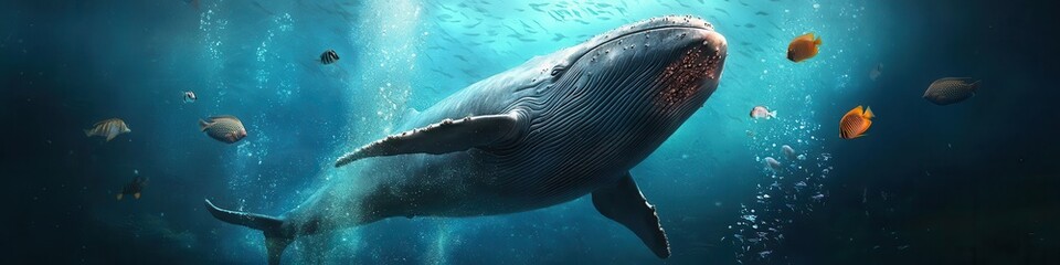 Fototapeta premium Massive whale descending into the dark depths of the ocean, surrounded by swirling schools of fish and bubbles, [Deep sea], [majestic ocean giant]
