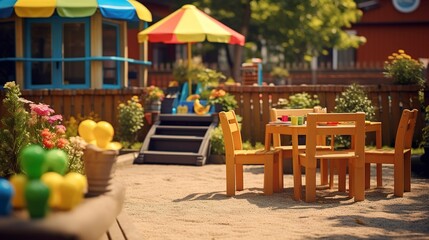 Obraz premium A photo of a daycare outdoor area with a sandbox.