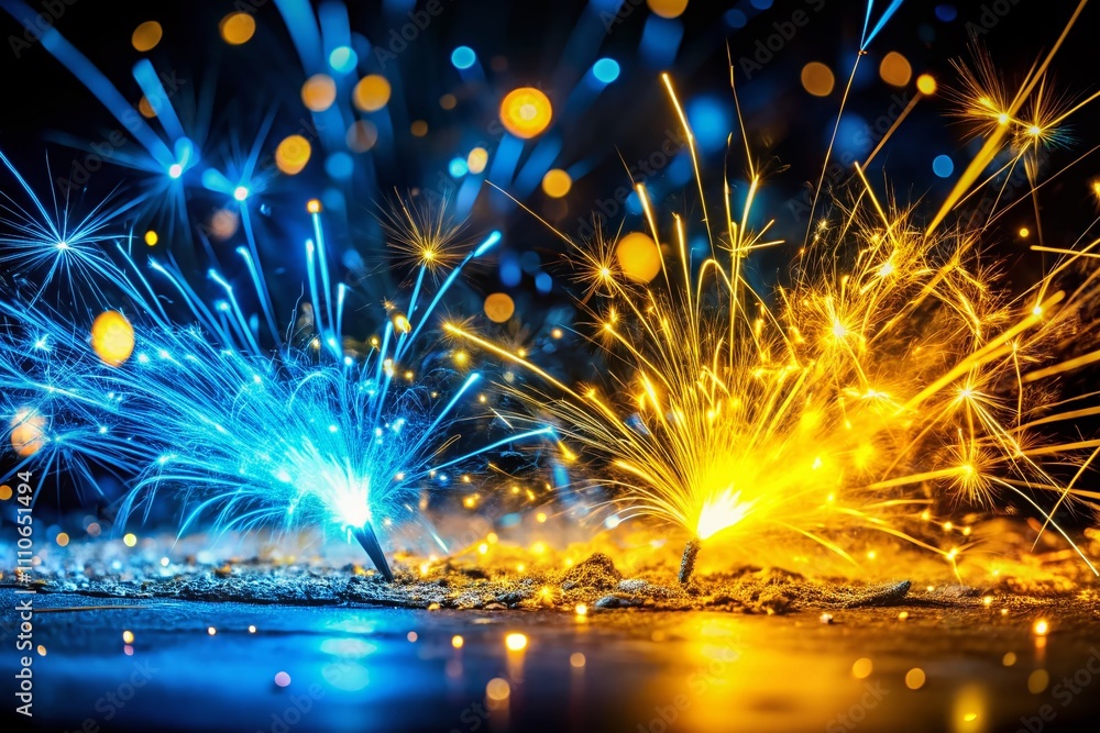 Poster captivating panoramic image of bright blue and yellow sparks creating a magical light display on a d