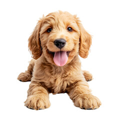 Adorable golden puppy resting with tongue out, on a clear background, ideal for pet-themed designs