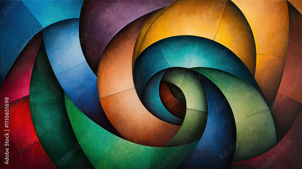 Poster dynamic composition featuring interlocking shapes in vibrant color palette