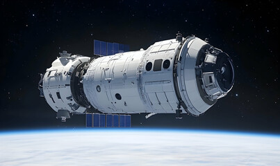 Futuristic spacecraft orbiting Earth, showcasing advanced technology and space exploration.  A stunning view of a modern space station against the backdrop of stars and the planet's atmosphere.