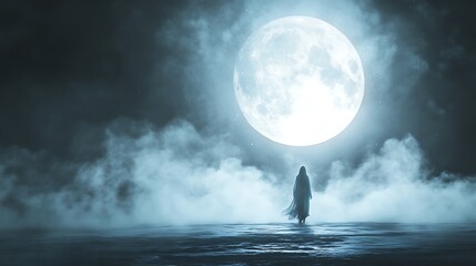 Ghostly Figure Emerging from Darkness Under Full Moon with Eerie Mist and Haunting Atmosphere