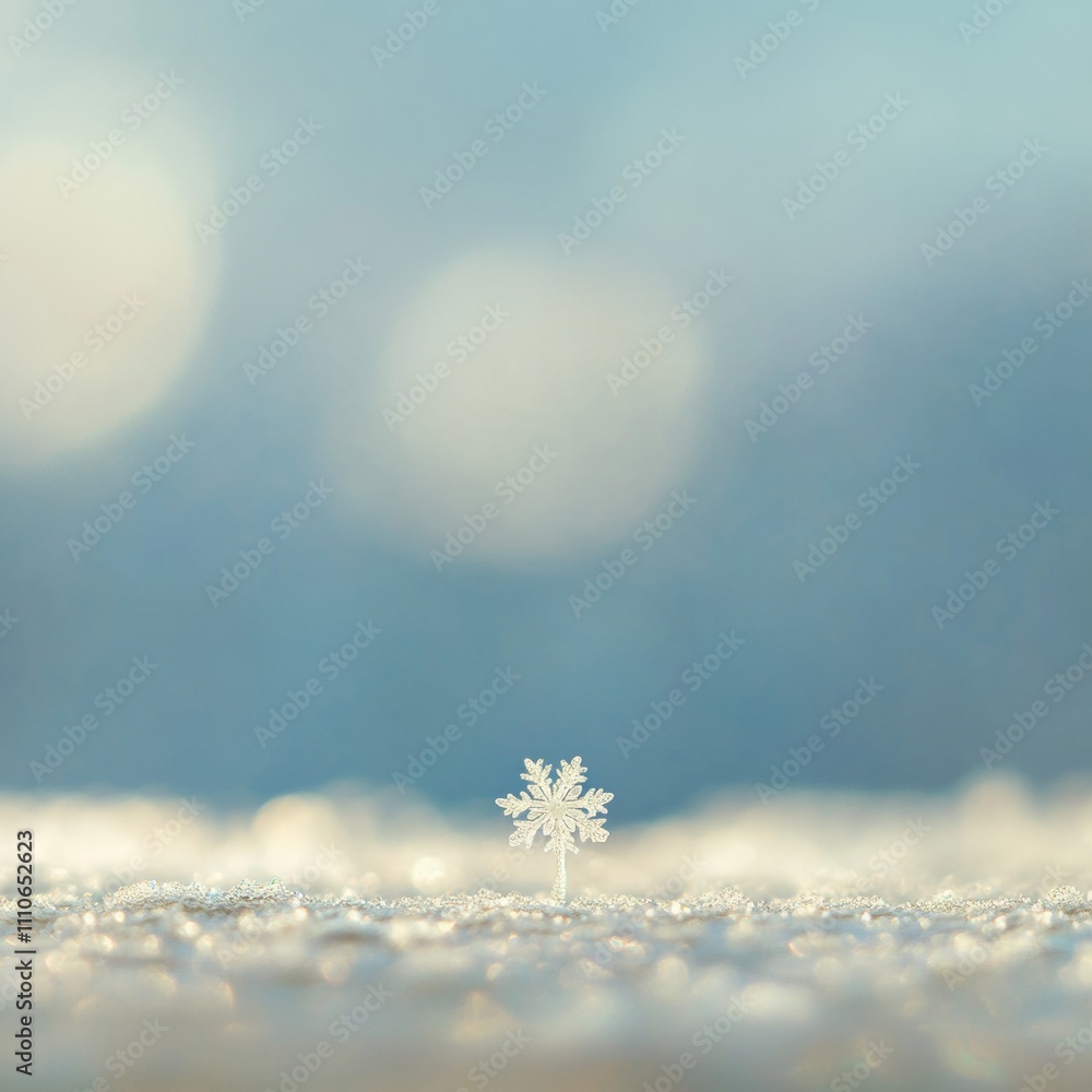 Poster single snowflake gently landing on a frosty surface, with a soft blue bokeh background creating a se