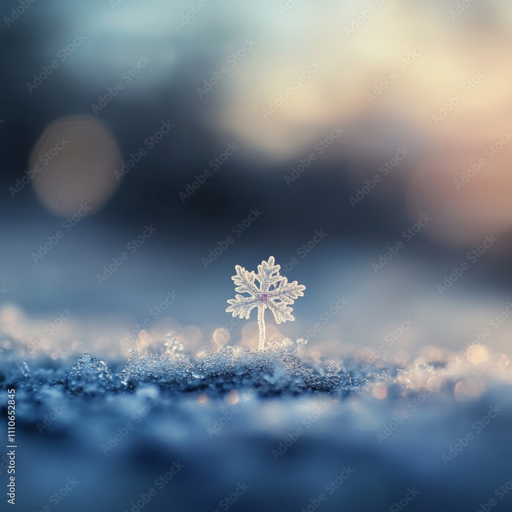 Poster single snowflake gently landing on a frosty surface, with a soft blue bokeh background creating a se