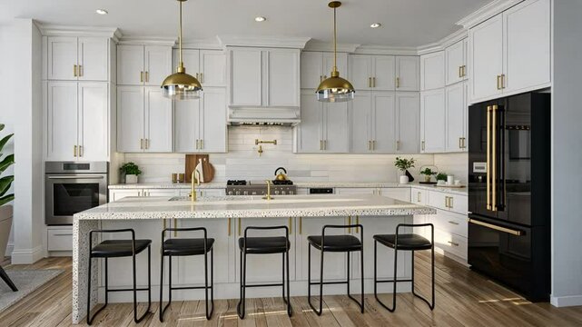 Modern kitchen with white cabinets, gold accents, and spacious island featuring sleek appliances, stylish bar stools, and bright, inviting atmosphere for perfect cooking experience.