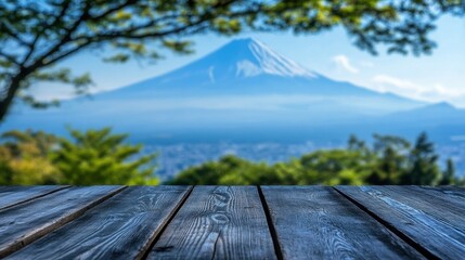 Close-up of a rustic wooden table, blurred Chureito Pagoda and Mount Fuji creating a serene composition.