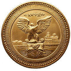 Golden coin emblem symbolizing prosperity historical context decorative object vintage style close-up financial concept