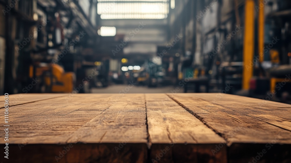 Poster close-up of a wooden table with a hazy view of an industrial workshop bustling with activity in the 