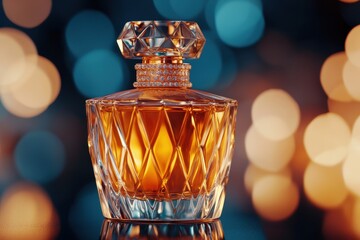Glamorous perfume bottle with diamonds and reflective surfaces, illuminated by soft golden light, [Fragrance campaign], [luxury and opulence]