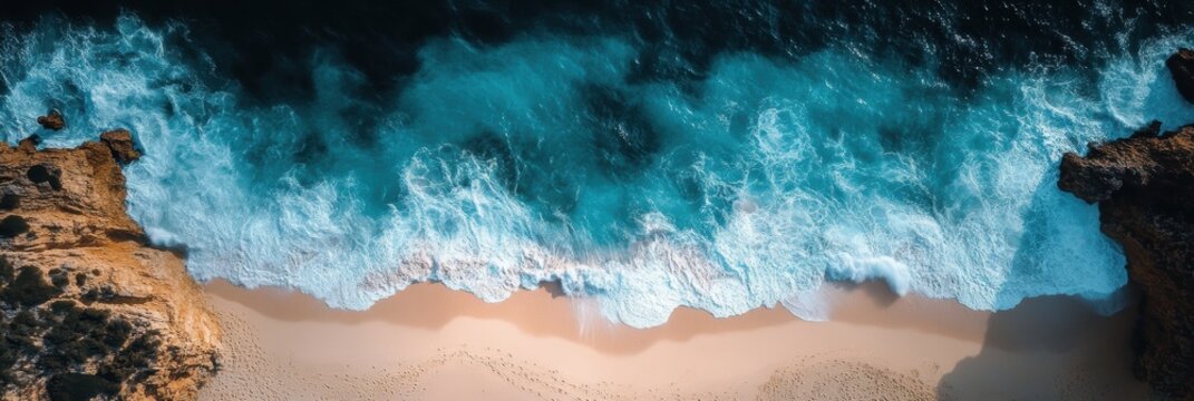 A breathtaking aerial view of a pristine sandy beach bordered by dramatic, rocky cliffs, with turquoise waves gently lapping onto the shore, creating a serene and captivating coastal scene. - Powered by Adobe