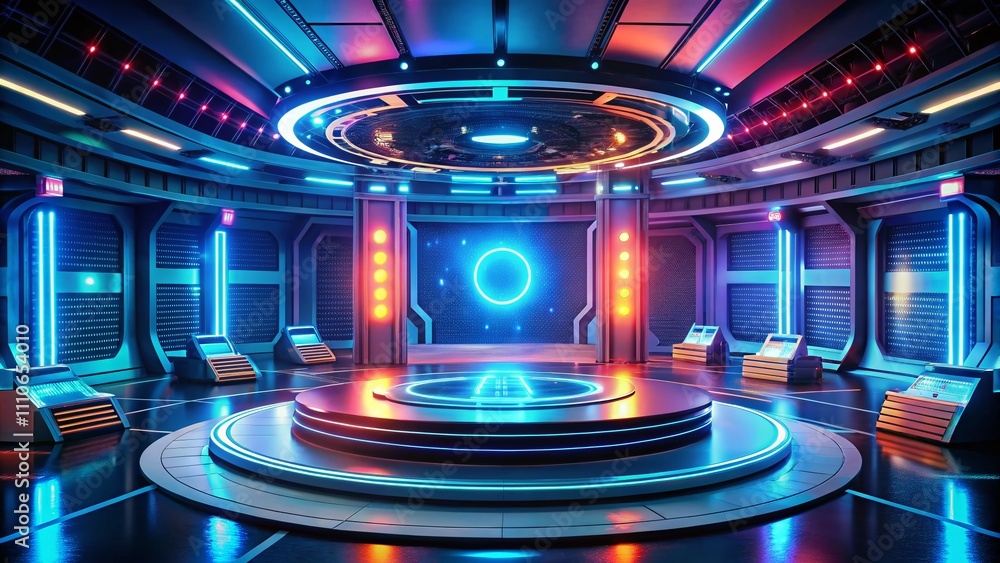 Poster captivating sci-fi futuristic podium with neon accents: a 3d rendering of a high-tech stage for next