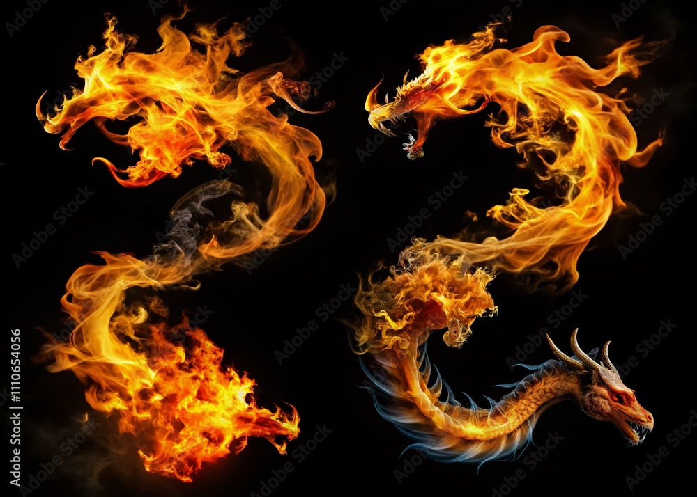 Poster captivating set of four images featuring flames in the form of dragons and unique waves isolated aga