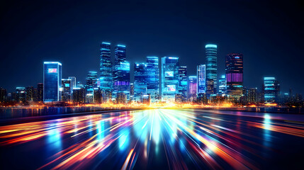 Fototapeta premium Stunning nighttime cityscape showcasing vibrant skyscrapers and a dynamic light trail, suggesting speed and modern urban life.