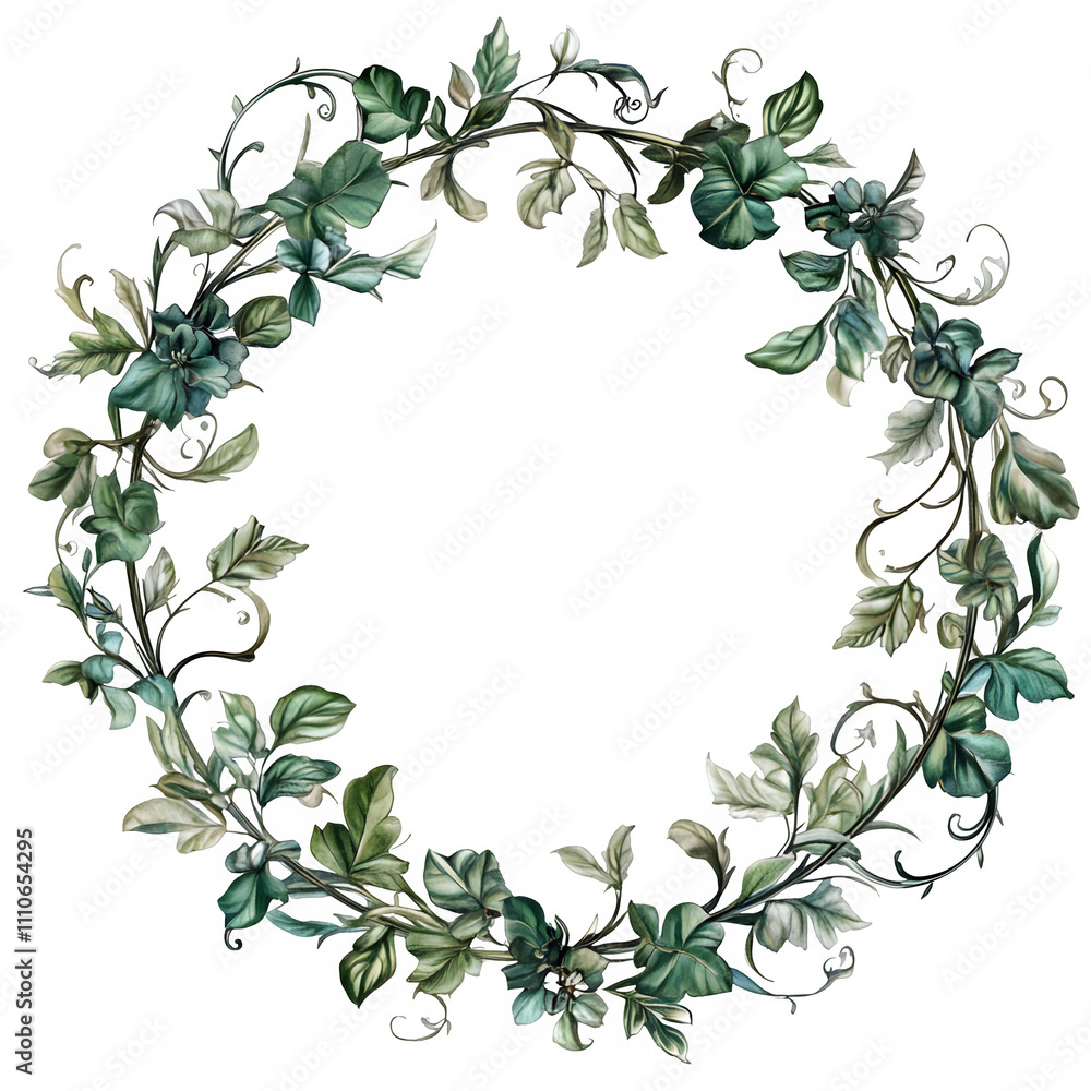 Poster circular botanical wreath with green leaves and flowers, creating a decorative frame on a transparen