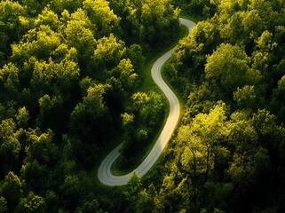 Winding road through lush greenery in a serene forest setting during daylight hours