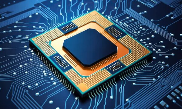 Brightly glowing AI chip on light circuit board on technology blue background. CPU processor or semiconductor on tech bg. Computer microchip on motherboard. 