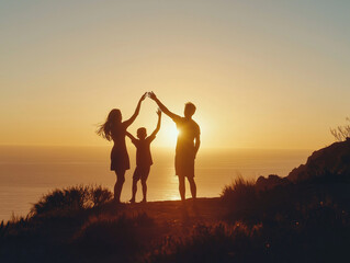 Fototapeta premium Silhouette of a happy family at sunset overlooking the ocean
