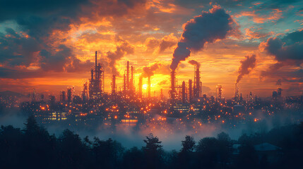Industrial Complex Sunset Fiery Sky Pollution