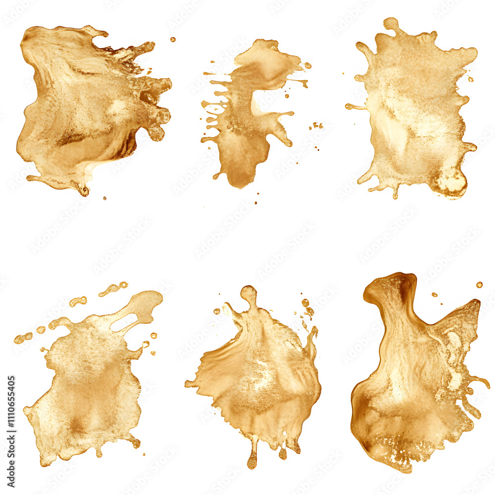 Poster six golden paint splatters forming dynamic and artistic patterns, with a transparent background, ide
