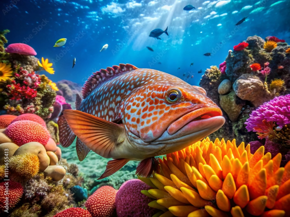 Poster captivating stargazer fish in a vibrant coral reef setting with copy space for text and design eleme