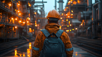 Worker Walks Through Illuminated Industrial Plant