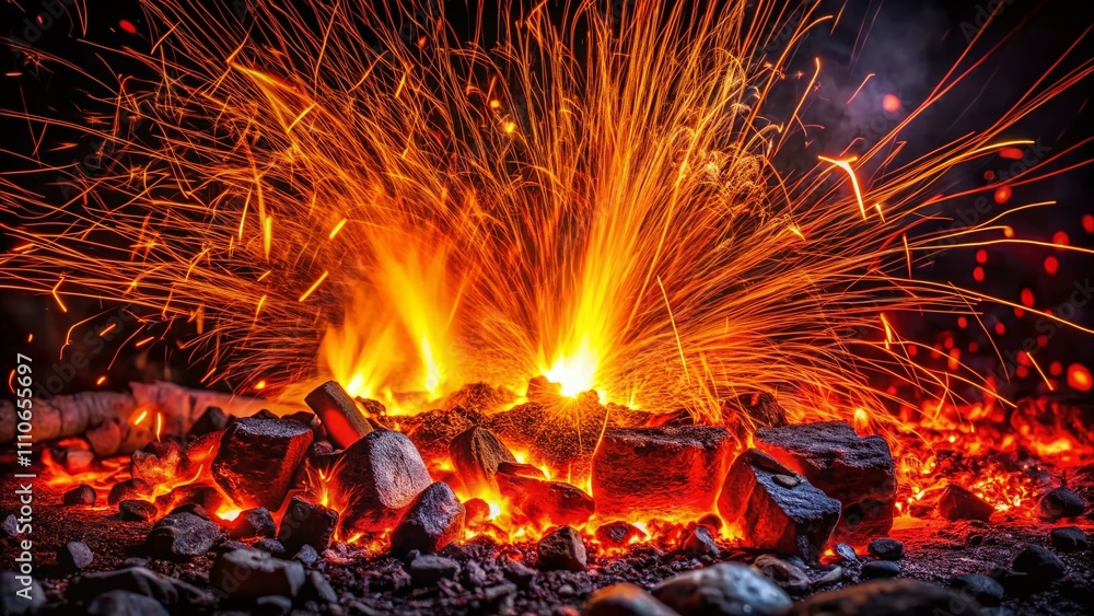 Poster captivating surreal fire dance: sparks of life emanating from burning coals against a deep black bac